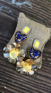 Statement Yellow and Blue Heart Earrings