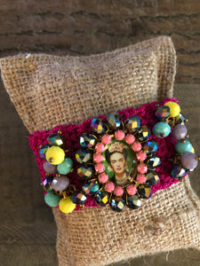 Fucsia Crochet Bracelet with Frida Kahlo Charm
