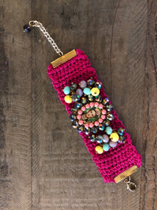 Fucsia Crochet Bracelet with Frida Kahlo Charm