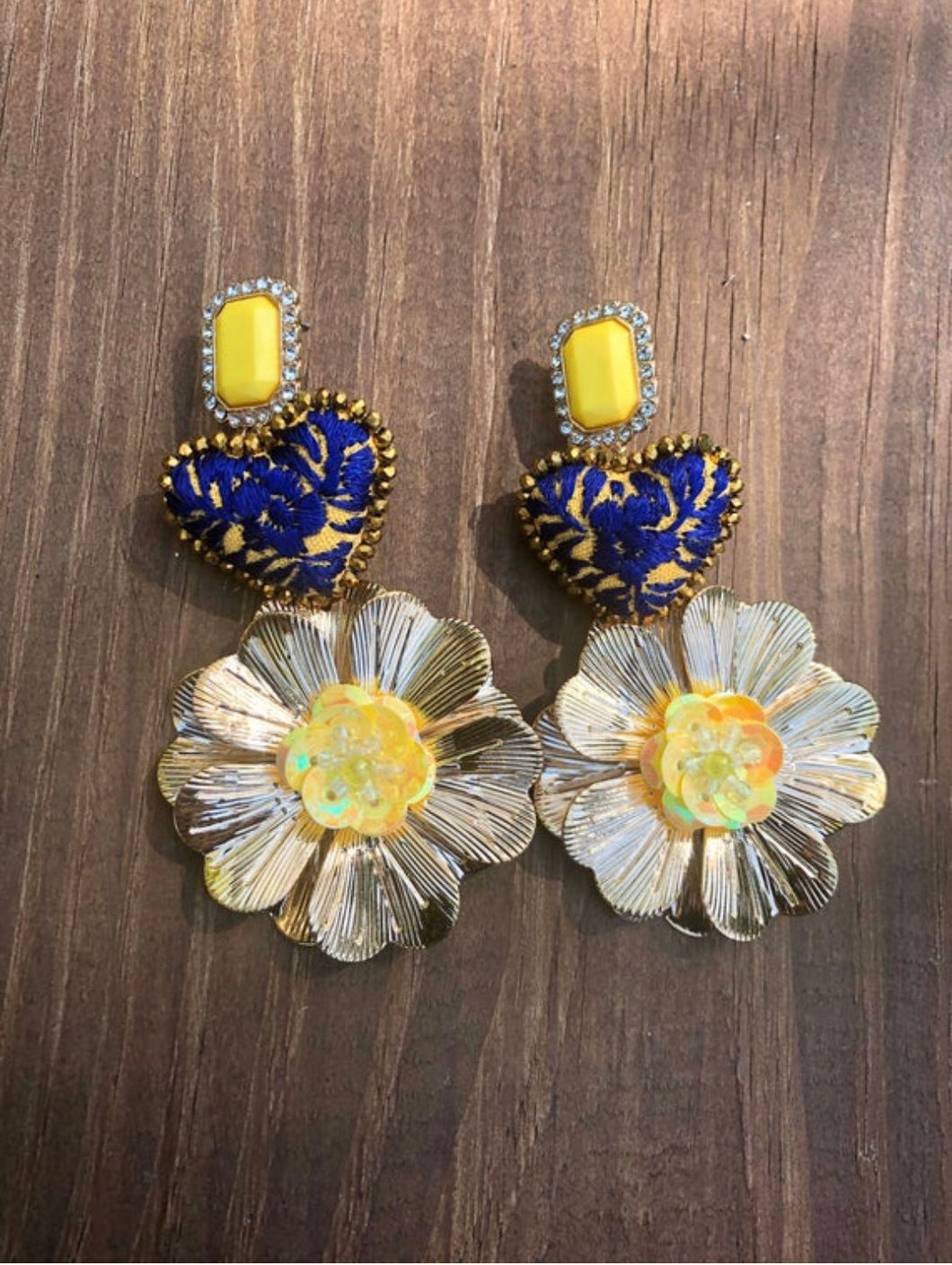 Statement Yellow and Blue Heart Earrings